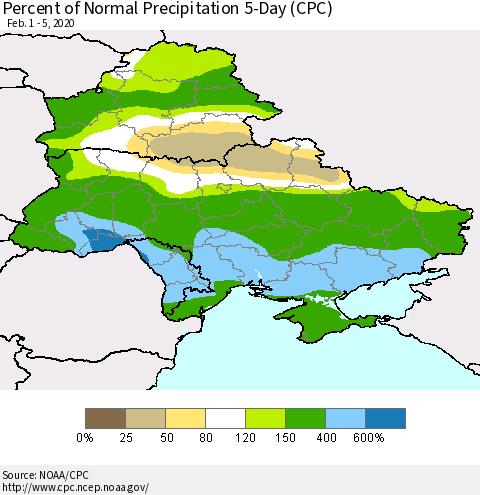 Ukraine, Moldova and Belarus Percent of Normal Precipitation 5-Day (CPC) Thematic Map For 2/1/2020 - 2/5/2020