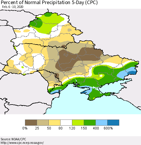 Ukraine, Moldova and Belarus Percent of Normal Precipitation 5-Day (CPC) Thematic Map For 2/6/2020 - 2/10/2020
