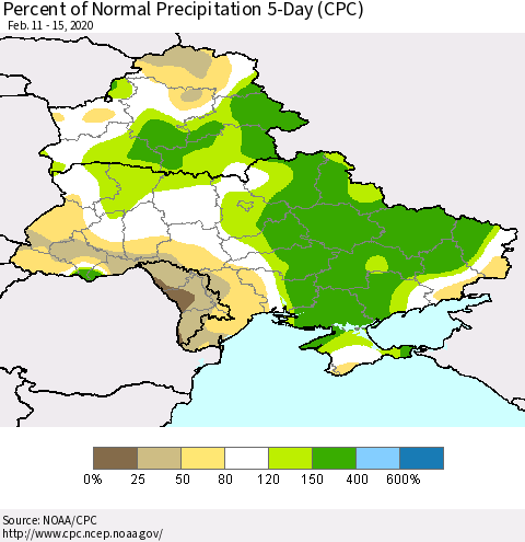 Ukraine, Moldova and Belarus Percent of Normal Precipitation 5-Day (CPC) Thematic Map For 2/11/2020 - 2/15/2020