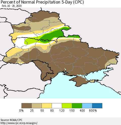 Ukraine, Moldova and Belarus Percent of Normal Precipitation 5-Day (CPC) Thematic Map For 2/16/2020 - 2/20/2020