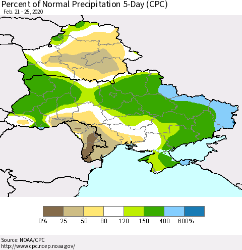 Ukraine, Moldova and Belarus Percent of Normal Precipitation 5-Day (CPC) Thematic Map For 2/21/2020 - 2/25/2020