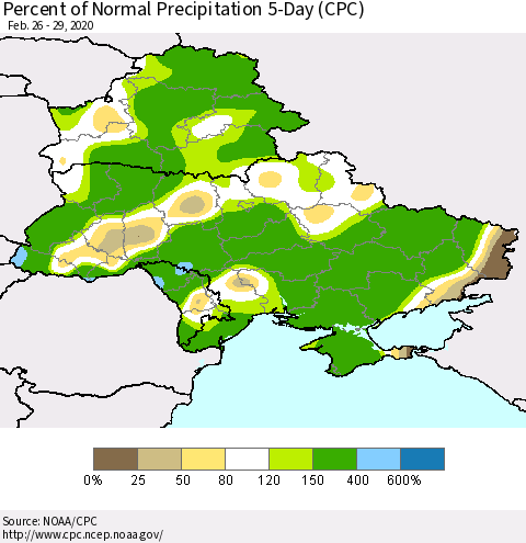 Ukraine, Moldova and Belarus Percent of Normal Precipitation 5-Day (CPC) Thematic Map For 2/26/2020 - 2/29/2020