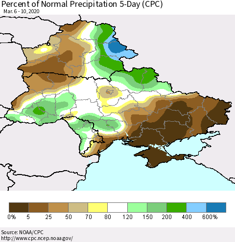 Ukraine, Moldova and Belarus Percent of Normal Precipitation 5-Day (CPC) Thematic Map For 3/6/2020 - 3/10/2020