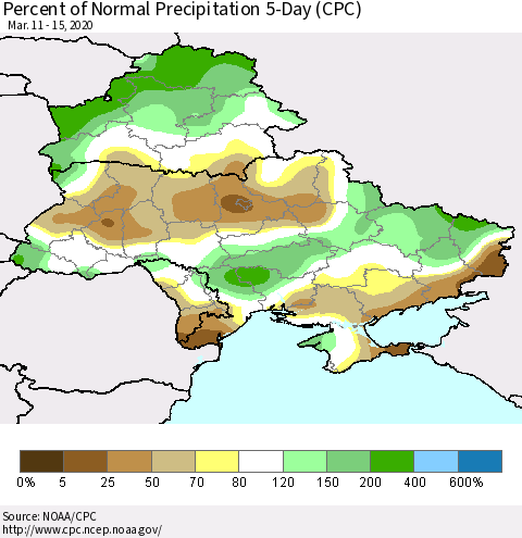 Ukraine, Moldova and Belarus Percent of Normal Precipitation 5-Day (CPC) Thematic Map For 3/11/2020 - 3/15/2020