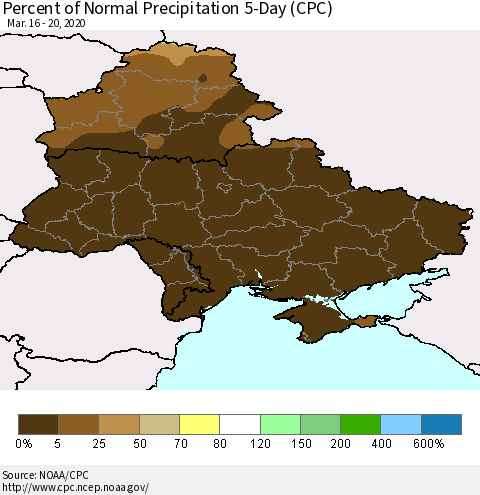 Ukraine, Moldova and Belarus Percent of Normal Precipitation 5-Day (CPC) Thematic Map For 3/16/2020 - 3/20/2020