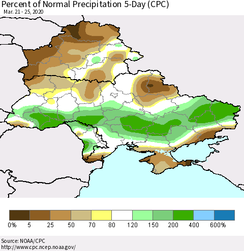 Ukraine, Moldova and Belarus Percent of Normal Precipitation 5-Day (CPC) Thematic Map For 3/21/2020 - 3/25/2020