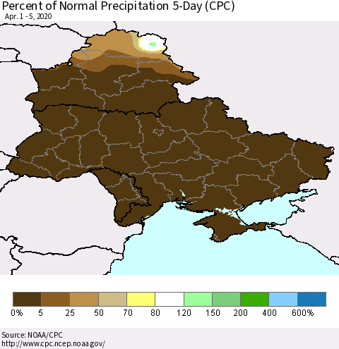 Ukraine, Moldova and Belarus Percent of Normal Precipitation 5-Day (CPC) Thematic Map For 4/1/2020 - 4/5/2020