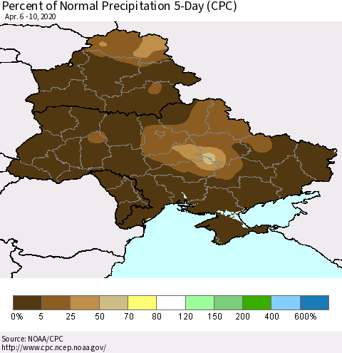 Ukraine, Moldova and Belarus Percent of Normal Precipitation 5-Day (CPC) Thematic Map For 4/6/2020 - 4/10/2020