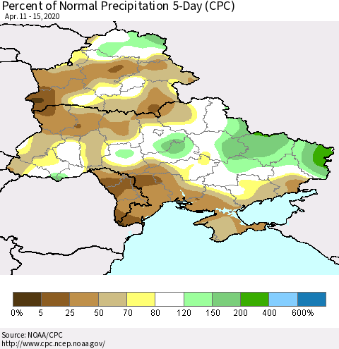 Ukraine, Moldova and Belarus Percent of Normal Precipitation 5-Day (CPC) Thematic Map For 4/11/2020 - 4/15/2020
