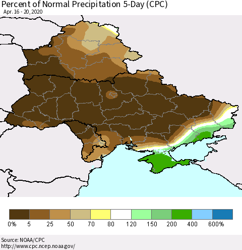 Ukraine, Moldova and Belarus Percent of Normal Precipitation 5-Day (CPC) Thematic Map For 4/16/2020 - 4/20/2020