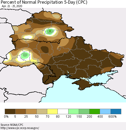 Ukraine, Moldova and Belarus Percent of Normal Precipitation 5-Day (CPC) Thematic Map For 4/21/2020 - 4/25/2020