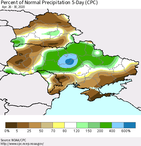 Ukraine, Moldova and Belarus Percent of Normal Precipitation 5-Day (CPC) Thematic Map For 4/26/2020 - 4/30/2020