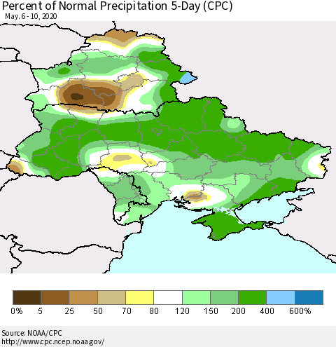 Ukraine, Moldova and Belarus Percent of Normal Precipitation 5-Day (CPC) Thematic Map For 5/6/2020 - 5/10/2020