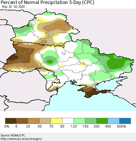 Ukraine, Moldova and Belarus Percent of Normal Precipitation 5-Day (CPC) Thematic Map For 5/16/2020 - 5/20/2020