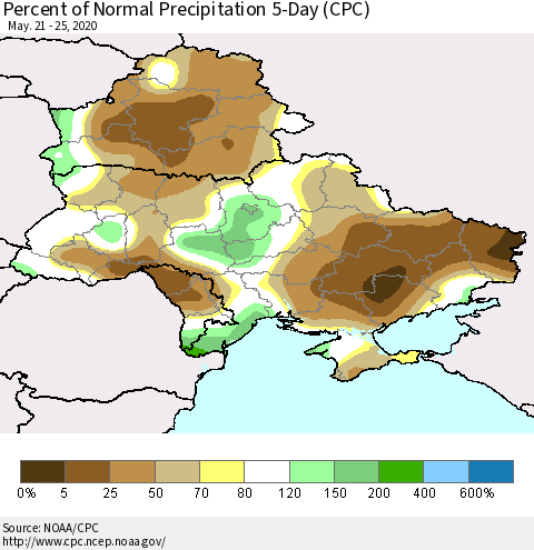 Ukraine, Moldova and Belarus Percent of Normal Precipitation 5-Day (CPC) Thematic Map For 5/21/2020 - 5/25/2020