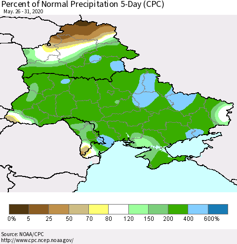 Ukraine, Moldova and Belarus Percent of Normal Precipitation 5-Day (CPC) Thematic Map For 5/26/2020 - 5/31/2020