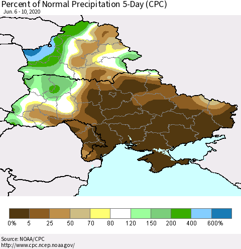Ukraine, Moldova and Belarus Percent of Normal Precipitation 5-Day (CPC) Thematic Map For 6/6/2020 - 6/10/2020