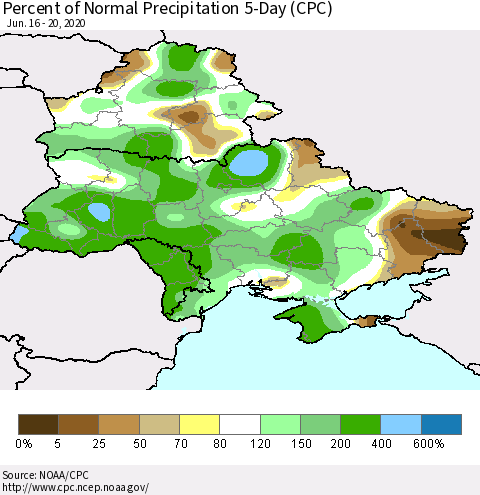 Ukraine, Moldova and Belarus Percent of Normal Precipitation 5-Day (CPC) Thematic Map For 6/16/2020 - 6/20/2020