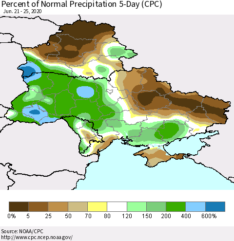 Ukraine, Moldova and Belarus Percent of Normal Precipitation 5-Day (CPC) Thematic Map For 6/21/2020 - 6/25/2020
