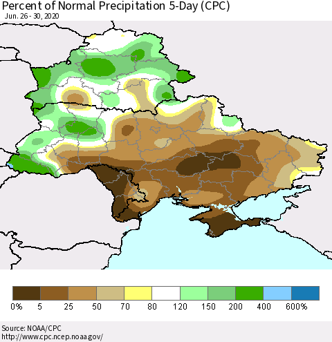 Ukraine, Moldova and Belarus Percent of Normal Precipitation 5-Day (CPC) Thematic Map For 6/26/2020 - 6/30/2020