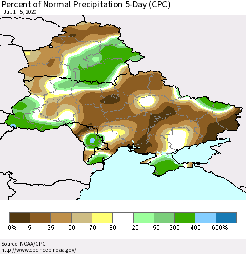 Ukraine, Moldova and Belarus Percent of Normal Precipitation 5-Day (CPC) Thematic Map For 7/1/2020 - 7/5/2020