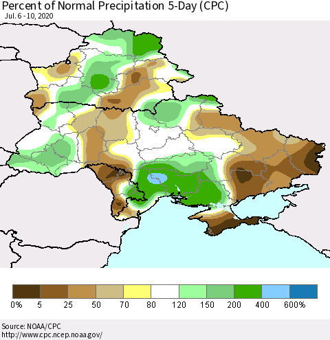 Ukraine, Moldova and Belarus Percent of Normal Precipitation 5-Day (CPC) Thematic Map For 7/6/2020 - 7/10/2020