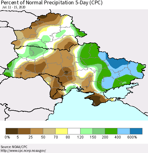 Ukraine, Moldova and Belarus Percent of Normal Precipitation 5-Day (CPC) Thematic Map For 7/11/2020 - 7/15/2020
