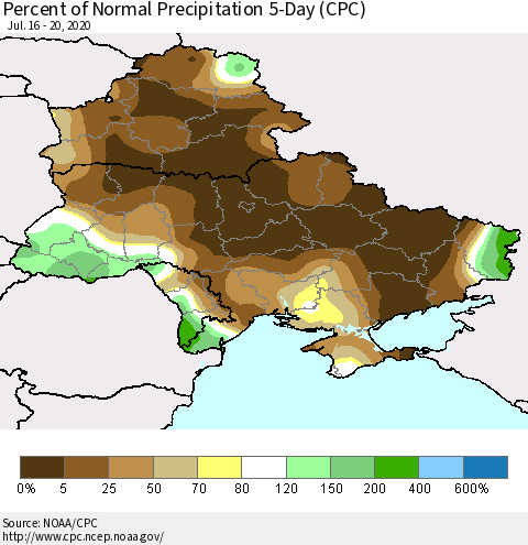 Ukraine, Moldova and Belarus Percent of Normal Precipitation 5-Day (CPC) Thematic Map For 7/16/2020 - 7/20/2020