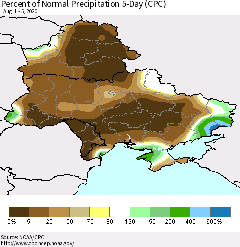 Ukraine, Moldova and Belarus Percent of Normal Precipitation 5-Day (CPC) Thematic Map For 8/1/2020 - 8/5/2020