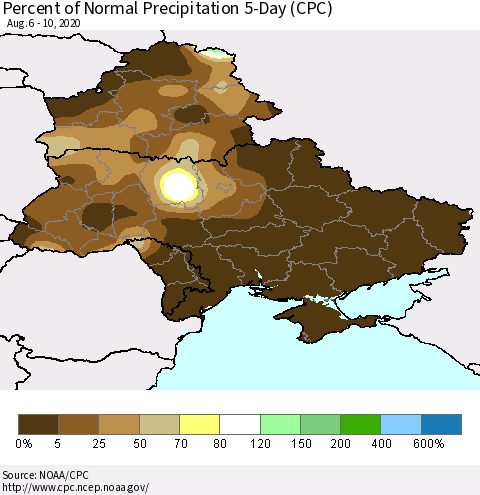 Ukraine, Moldova and Belarus Percent of Normal Precipitation 5-Day (CPC) Thematic Map For 8/6/2020 - 8/10/2020