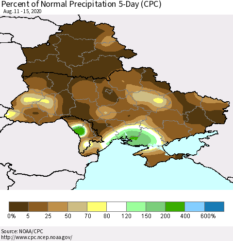 Ukraine, Moldova and Belarus Percent of Normal Precipitation 5-Day (CPC) Thematic Map For 8/11/2020 - 8/15/2020