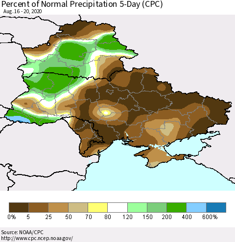 Ukraine, Moldova and Belarus Percent of Normal Precipitation 5-Day (CPC) Thematic Map For 8/16/2020 - 8/20/2020