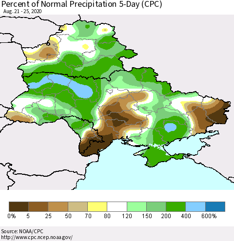 Ukraine, Moldova and Belarus Percent of Normal Precipitation 5-Day (CPC) Thematic Map For 8/21/2020 - 8/25/2020