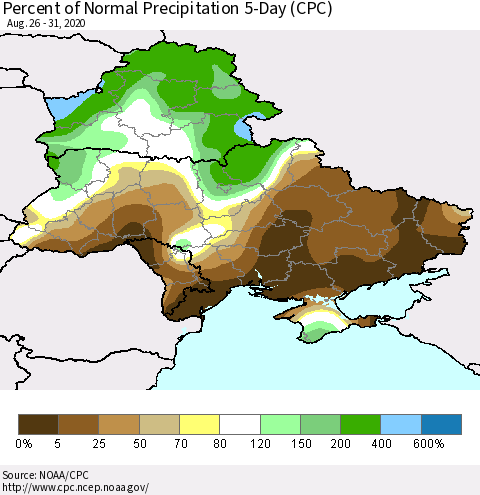 Ukraine, Moldova and Belarus Percent of Normal Precipitation 5-Day (CPC) Thematic Map For 8/26/2020 - 8/31/2020