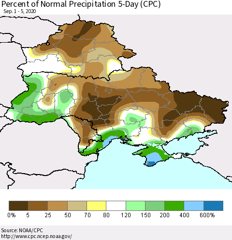 Ukraine, Moldova and Belarus Percent of Normal Precipitation 5-Day (CPC) Thematic Map For 9/1/2020 - 9/5/2020