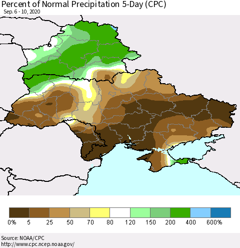Ukraine, Moldova and Belarus Percent of Normal Precipitation 5-Day (CPC) Thematic Map For 9/6/2020 - 9/10/2020