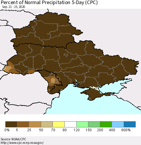 Ukraine, Moldova and Belarus Percent of Normal Precipitation 5-Day (CPC) Thematic Map For 9/21/2020 - 9/25/2020