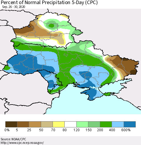 Ukraine, Moldova and Belarus Percent of Normal Precipitation 5-Day (CPC) Thematic Map For 9/26/2020 - 9/30/2020