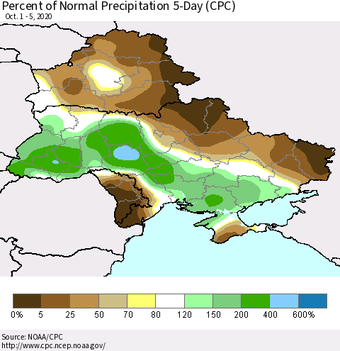 Ukraine, Moldova and Belarus Percent of Normal Precipitation 5-Day (CPC) Thematic Map For 10/1/2020 - 10/5/2020