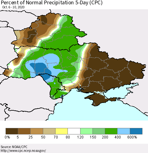 Ukraine, Moldova and Belarus Percent of Normal Precipitation 5-Day (CPC) Thematic Map For 10/6/2020 - 10/10/2020
