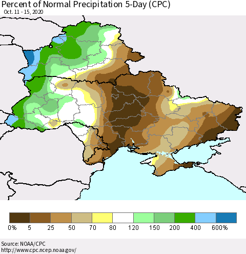 Ukraine, Moldova and Belarus Percent of Normal Precipitation 5-Day (CPC) Thematic Map For 10/11/2020 - 10/15/2020
