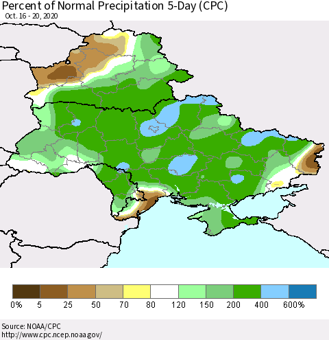 Ukraine, Moldova and Belarus Percent of Normal Precipitation 5-Day (CPC) Thematic Map For 10/16/2020 - 10/20/2020