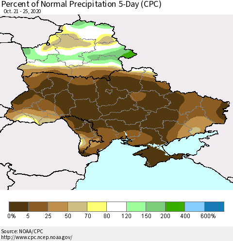 Ukraine, Moldova and Belarus Percent of Normal Precipitation 5-Day (CPC) Thematic Map For 10/21/2020 - 10/25/2020