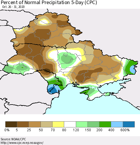 Ukraine, Moldova and Belarus Percent of Normal Precipitation 5-Day (CPC) Thematic Map For 10/26/2020 - 10/31/2020