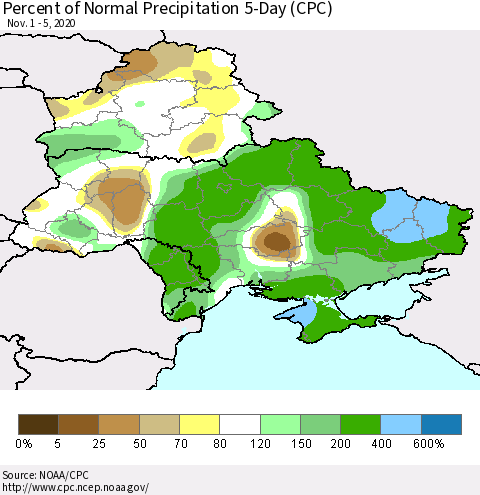 Ukraine, Moldova and Belarus Percent of Normal Precipitation 5-Day (CPC) Thematic Map For 11/1/2020 - 11/5/2020