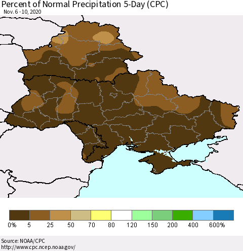 Ukraine, Moldova and Belarus Percent of Normal Precipitation 5-Day (CPC) Thematic Map For 11/6/2020 - 11/10/2020