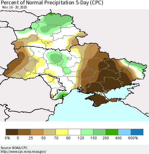 Ukraine, Moldova and Belarus Percent of Normal Precipitation 5-Day (CPC) Thematic Map For 11/16/2020 - 11/20/2020