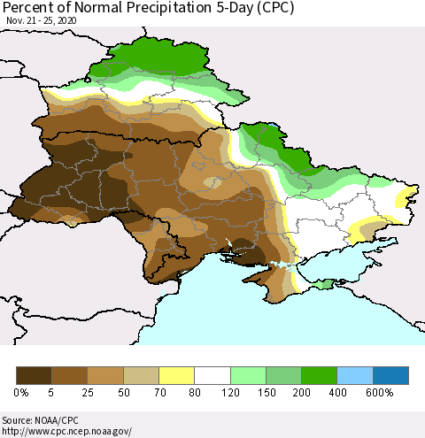 Ukraine, Moldova and Belarus Percent of Normal Precipitation 5-Day (CPC) Thematic Map For 11/21/2020 - 11/25/2020