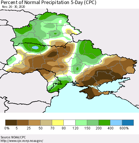 Ukraine, Moldova and Belarus Percent of Normal Precipitation 5-Day (CPC) Thematic Map For 11/26/2020 - 11/30/2020
