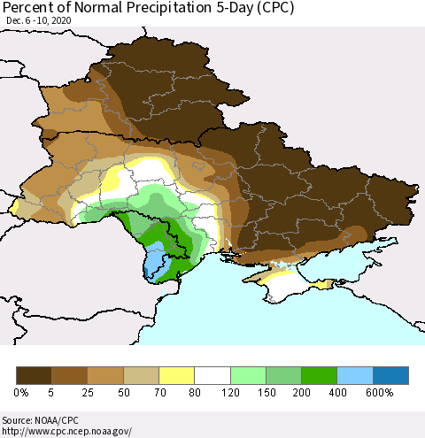 Ukraine, Moldova and Belarus Percent of Normal Precipitation 5-Day (CPC) Thematic Map For 12/6/2020 - 12/10/2020